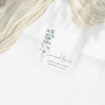 Eucalyptus Names Date Love Thanks Script Wedding Square Sticker<br><div class="desc">Eucalyptus Names Date Love Thanks Script Wedding.  Elegant watercolor eucalyptus leaves run down from the top left hand side. Easily personalise your names and weding date.</div>