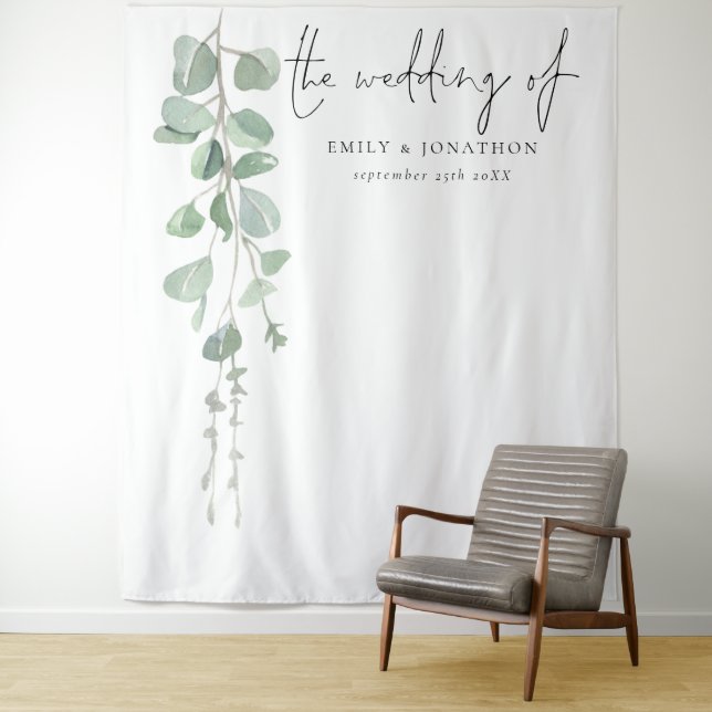 Eucalyptus Names Date Wedding Photo Background Tapestry (In Situ)