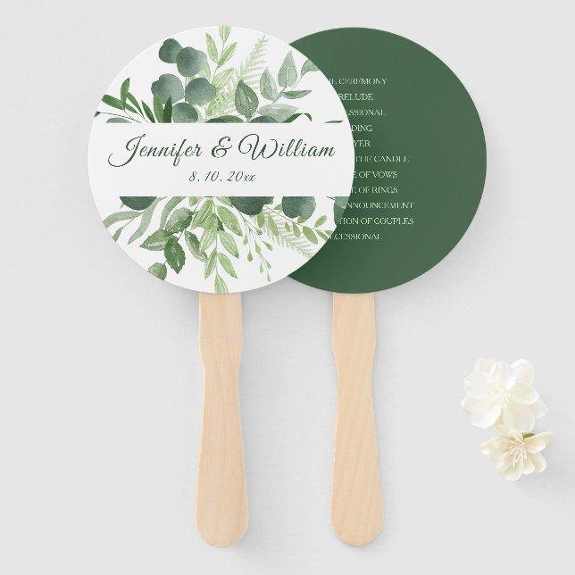 Eucalyptus Nature Greenery Wedding Script Program Hand Fan (Front and Back)
