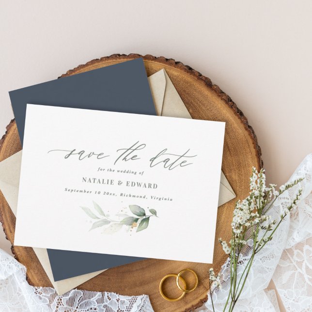 Eucalyptus navy blue, gold wedding save the date (Creator Uploaded)