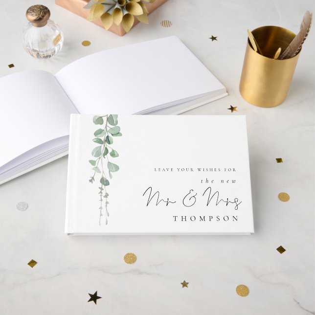 Eucalyptus New Mr Mrs Name Wedding Guest Book (Front Open)