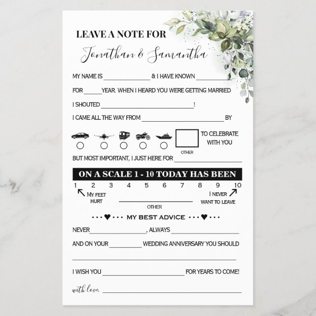 Eucalyptus Note for Couple Wedding Reception Card Flyer (Front)