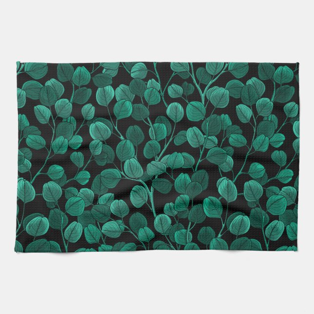 Eucalyptus on black kitchen towel (Horizontal)