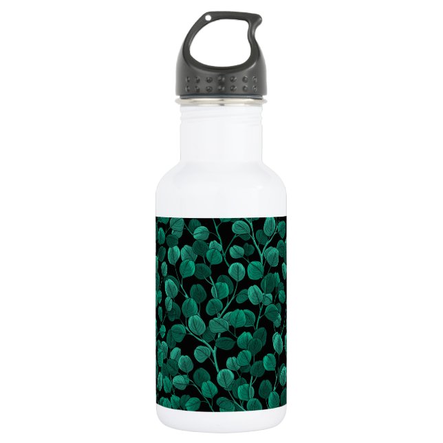 Eucalyptus on black stainless steel water bottle (Front)
