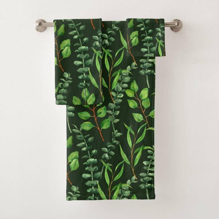 Eucalyptus on dark green bath towel set