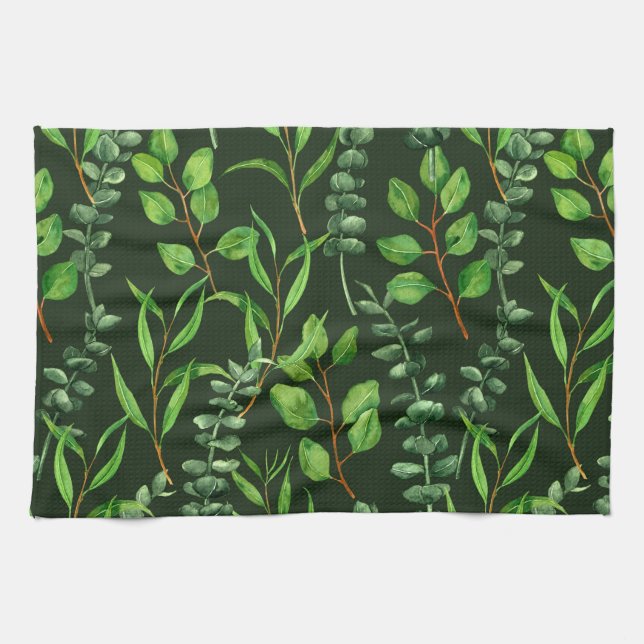 Eucalyptus  on dark green kitchen towel (Horizontal)