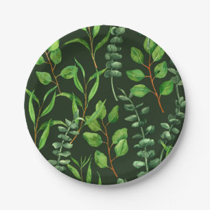 Eucalyptus on dark green paper plates
