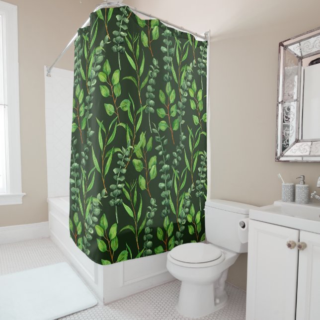 Eucalyptus  on dark green shower curtain (In Situ)