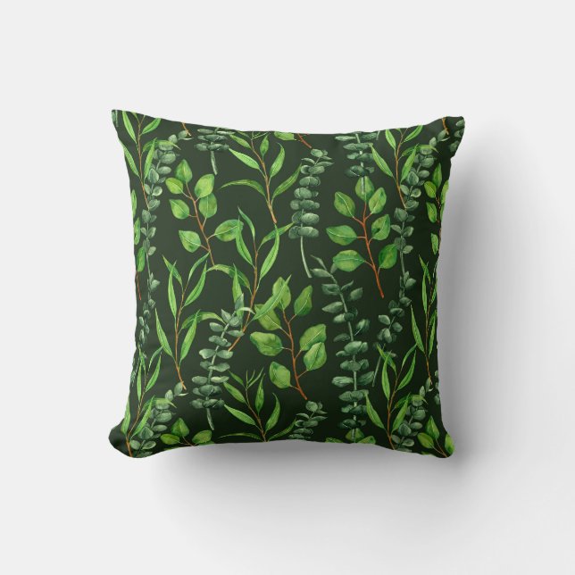 Eucalyptus  on dark green throw pillow (Front)