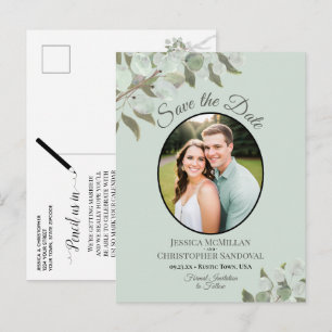 Eucalyptus on Mint Photo Wedding Save the Date Announcement Postcard