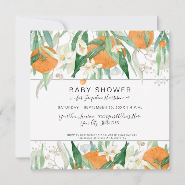 Eucalyptus Orange a Little Cutie Watercolor Shower Invitation (Front)