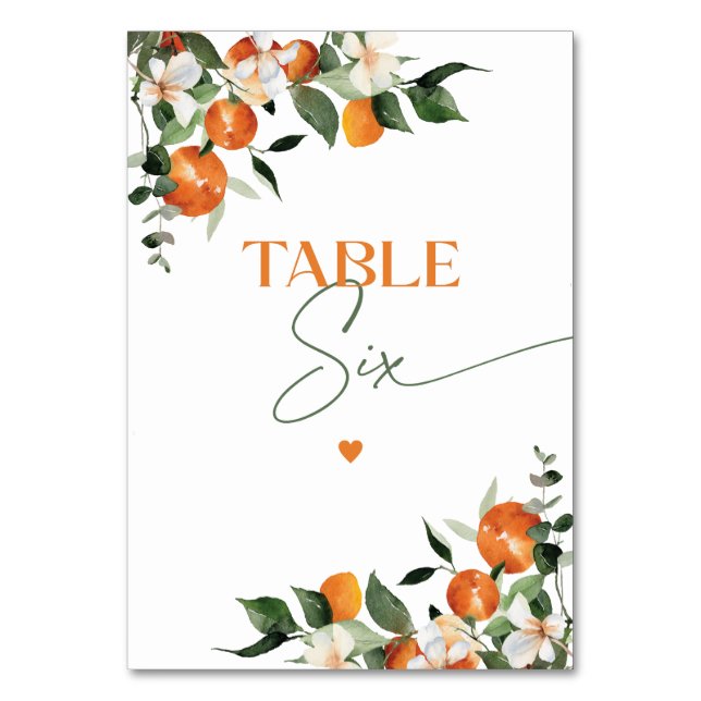 Eucalyptus oranges citrus theme table number Six (Front)