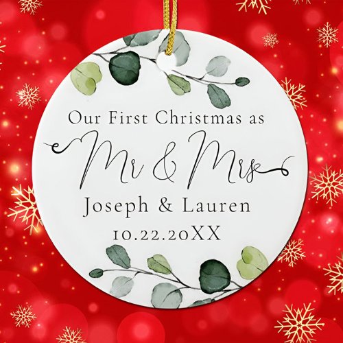 Eucalyptus Our First Christmas Married Mr and Mrs Ceramic Ornament