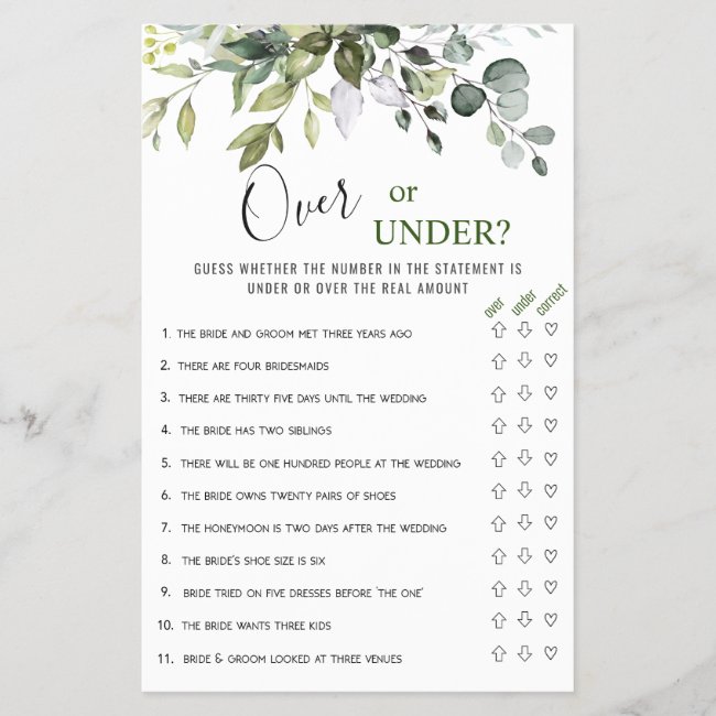 Eucalyptus Over Or Under Bridal Shower Game