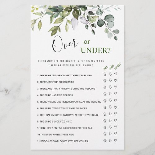 Eucalyptus Over Or Under Bridal Shower Game