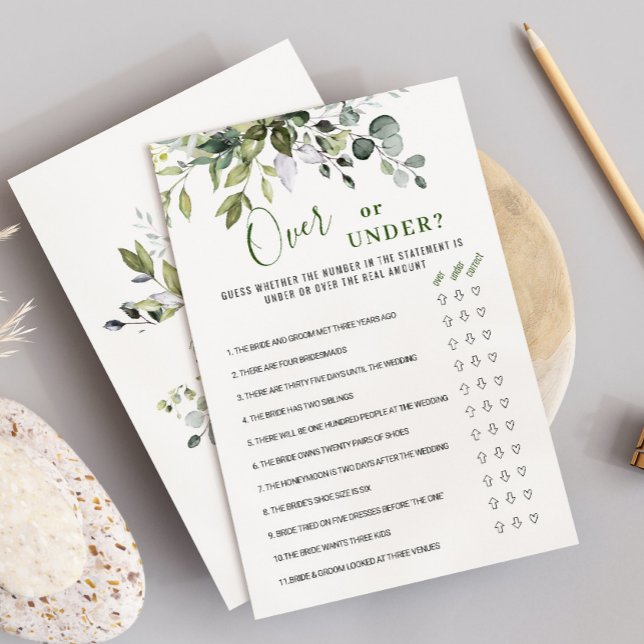 Eucalyptus Over Or Under Bridal Shower Game Card (Creator Uploaded)