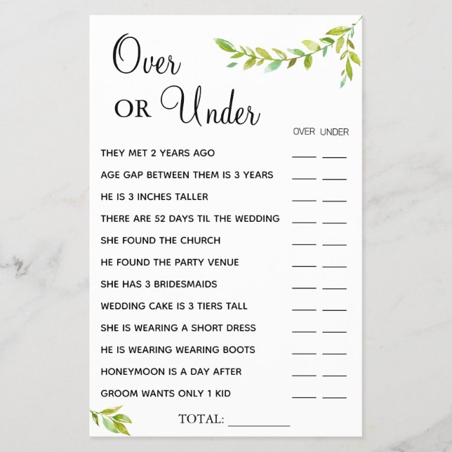 Eucalyptus Over or Under Bridal shower game card Flyer (Front)