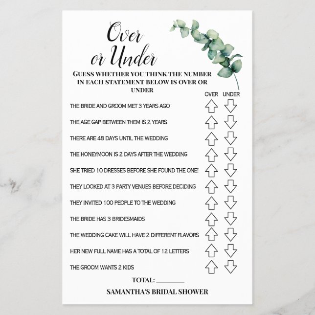 Eucalyptus Over or Under Bridal Shower Game Card Flyer (Front)