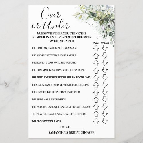 Eucalyptus Over or Under Bridal Shower Game Card Flyer