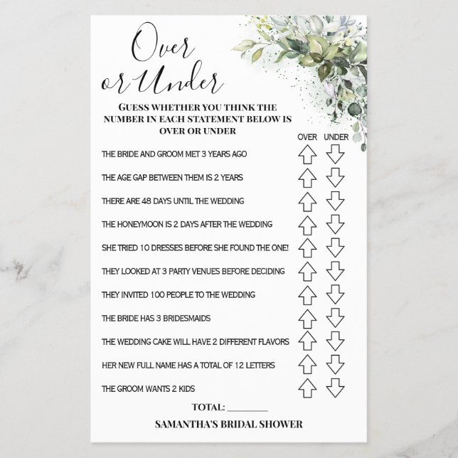 Eucalyptus Over or Under Bridal Shower Game Card Flyer (Front)