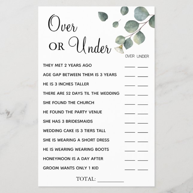 Eucalyptus Over or Under Bridal shower game card Flyer (Front)