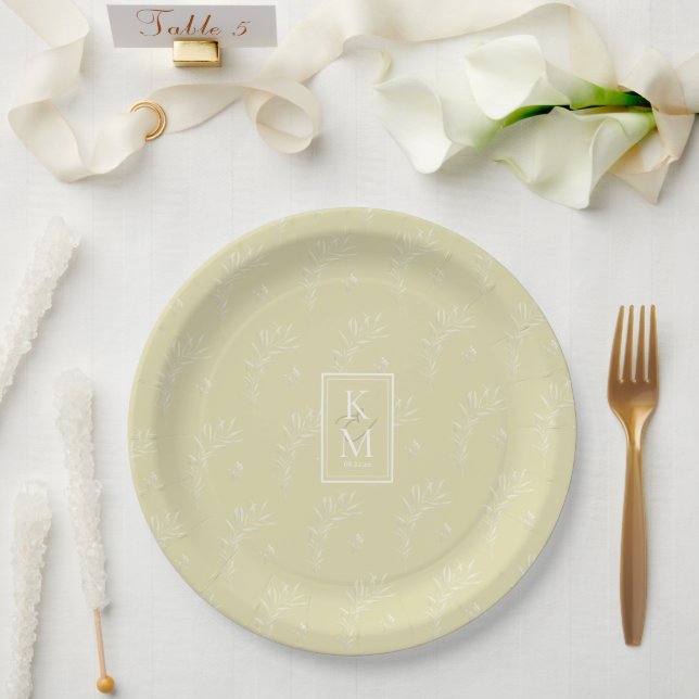 Eucalyptus Pattern Wedding Yellow ID901 Paper Plates (Wedding)