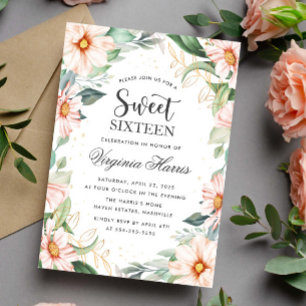 Eucalyptus Peach Floral Sweet Sixteen 16 Birthday Invitation
