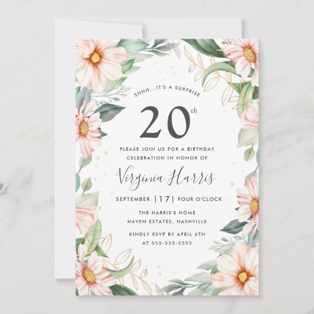 Eucalyptus Peach Floral Twenty 20th Birthday Invitation (Front)
