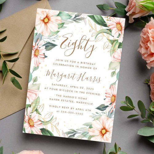 Eucalyptus Peach Gold Floral 80th Eighty Birthday Invitation