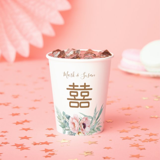 Eucalyptus Peonies Double Happiness Wedding Paper Cups (Insitu)