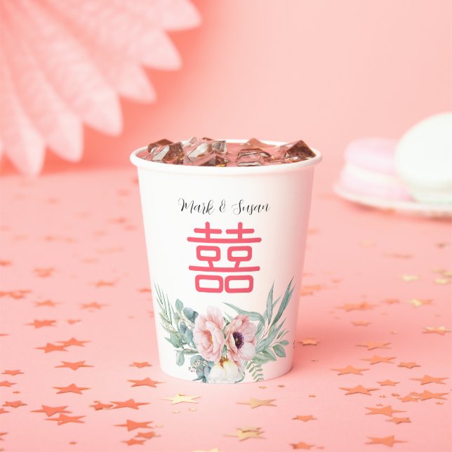 Eucalyptus Peonies Double Happiness Wedding Paper Cups (Insitu)