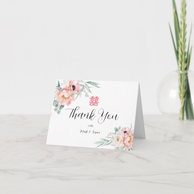 Eucalyptus Peonies Thank You Card Chinese Wedding (Front)