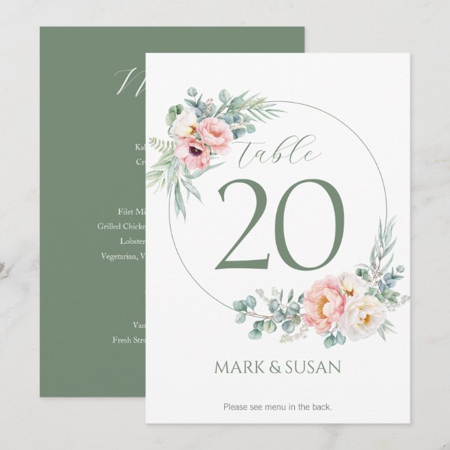Eucalyptus Peonies Wedding Table Number & Menus (Front/Back)