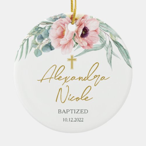 Eucalyptus Peony Baptism Photo Ceramic Ornament