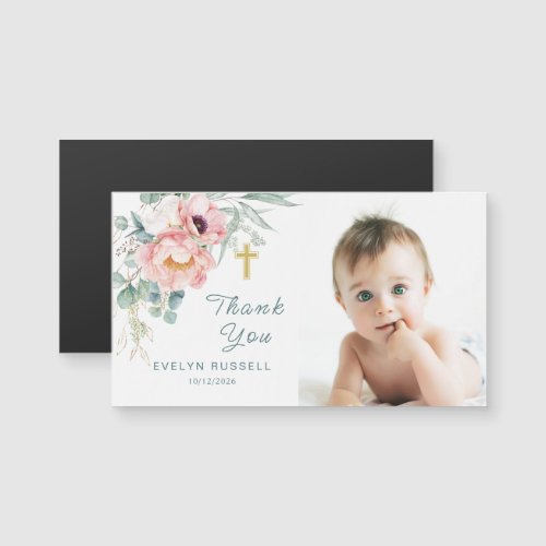 Eucalyptus Peony Baptism Photo Thank You Magnetic 