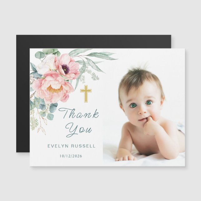 Eucalyptus Peony Baptism Photo Thank You  Magnetic (Front/Back)