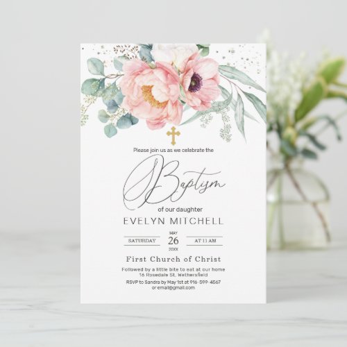 Eucalyptus Peony Poppy Flowers Cross Baptism Invitation