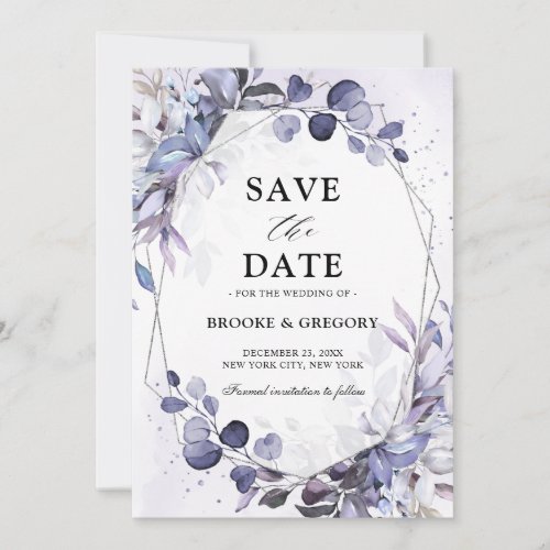 Eucalyptus Periwinkle Purple Geometric Wedding Save The Date
