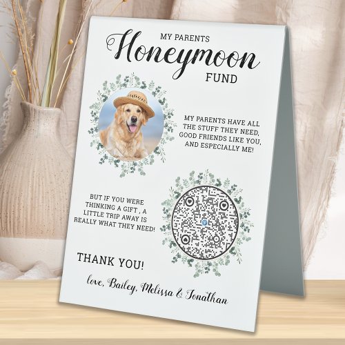 Eucalyptus Pet Dog Wedding QR Code Honeymoon Fund Table Tent Sign