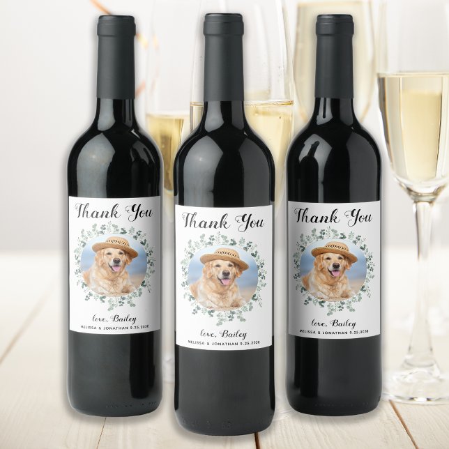 Eucalyptus Pet Photo Dog Favor Wedding Thank You Wine Label (Creator Uploaded)
