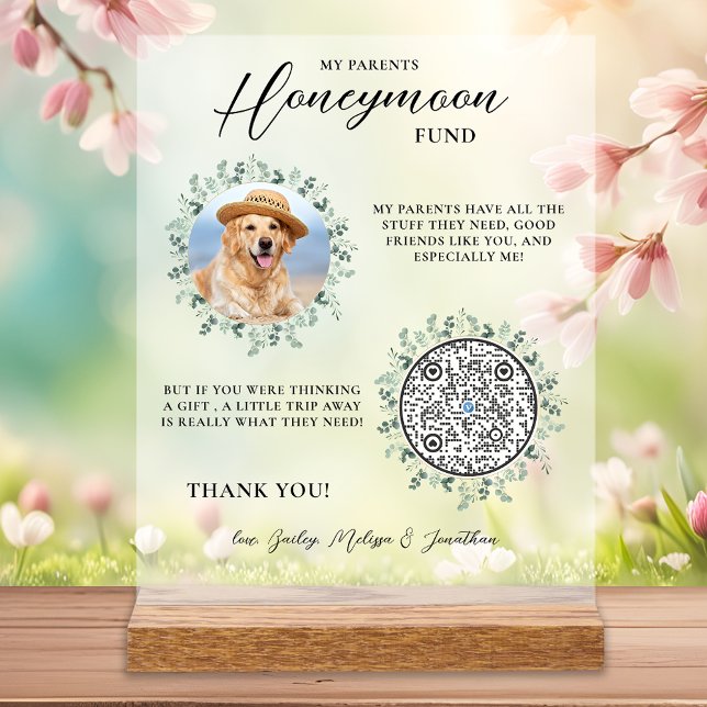 Eucalyptus Pet Wedding Dog Photo Honeymoon Fund Acrylic Sign (Creator Uploaded)