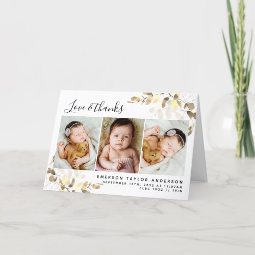 Eucalyptus Photo Baby Birth Stats Folded  Thank You Card