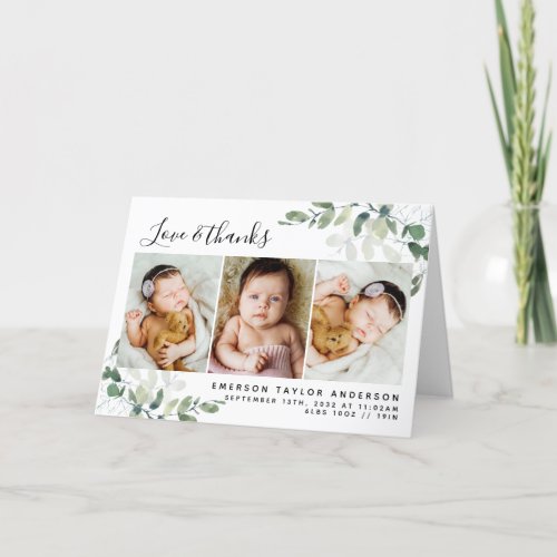 Eucalyptus Photo Baby Birth Stats Folded Thank You Card