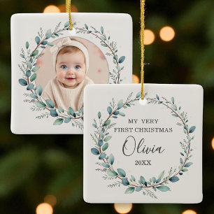 Eucalyptus Photo Baby First Christmas Minimalist Ceramic Ornament