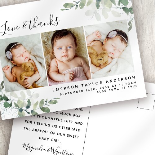 Eucalyptus Photo Baby Thank You Announcement Postcard