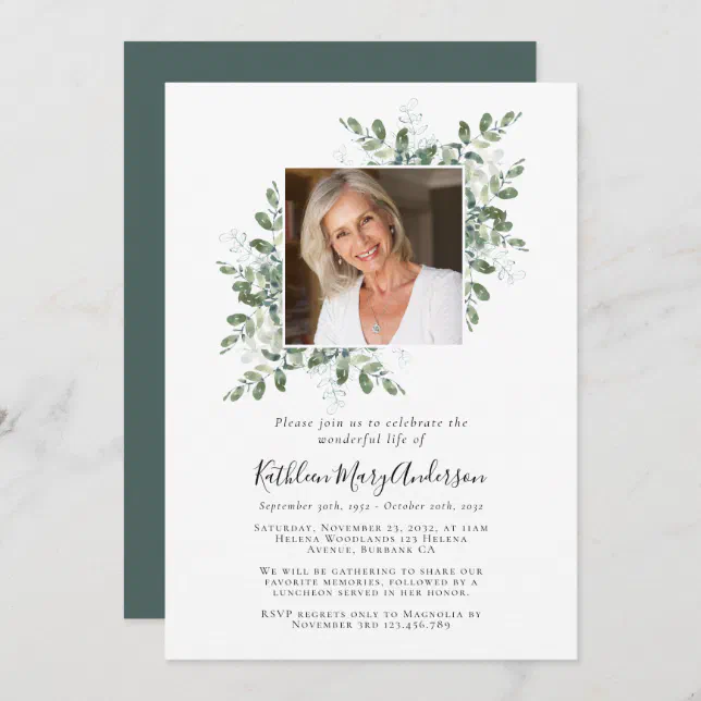 Eucalyptus Photo Celebration of Life Memorial Invitation | Zazzle