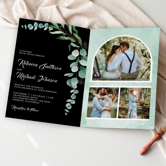 Eucalyptus Photo Collage QR Code Black Wedding Invitation (Creator Uploaded)