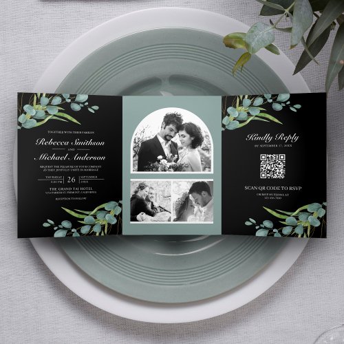 Eucalyptus Photo Collage QR Code Black Wedding Tri_Fold Invitation
