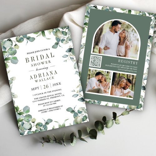 Eucalyptus Photo Collage QR Code Bridal Shower Invitation