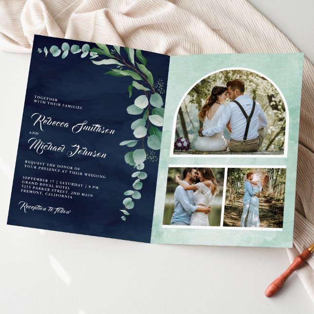 Eucalyptus Photo Collage QR Code Navy Blue Wedding Invitation (Creator Uploaded)
